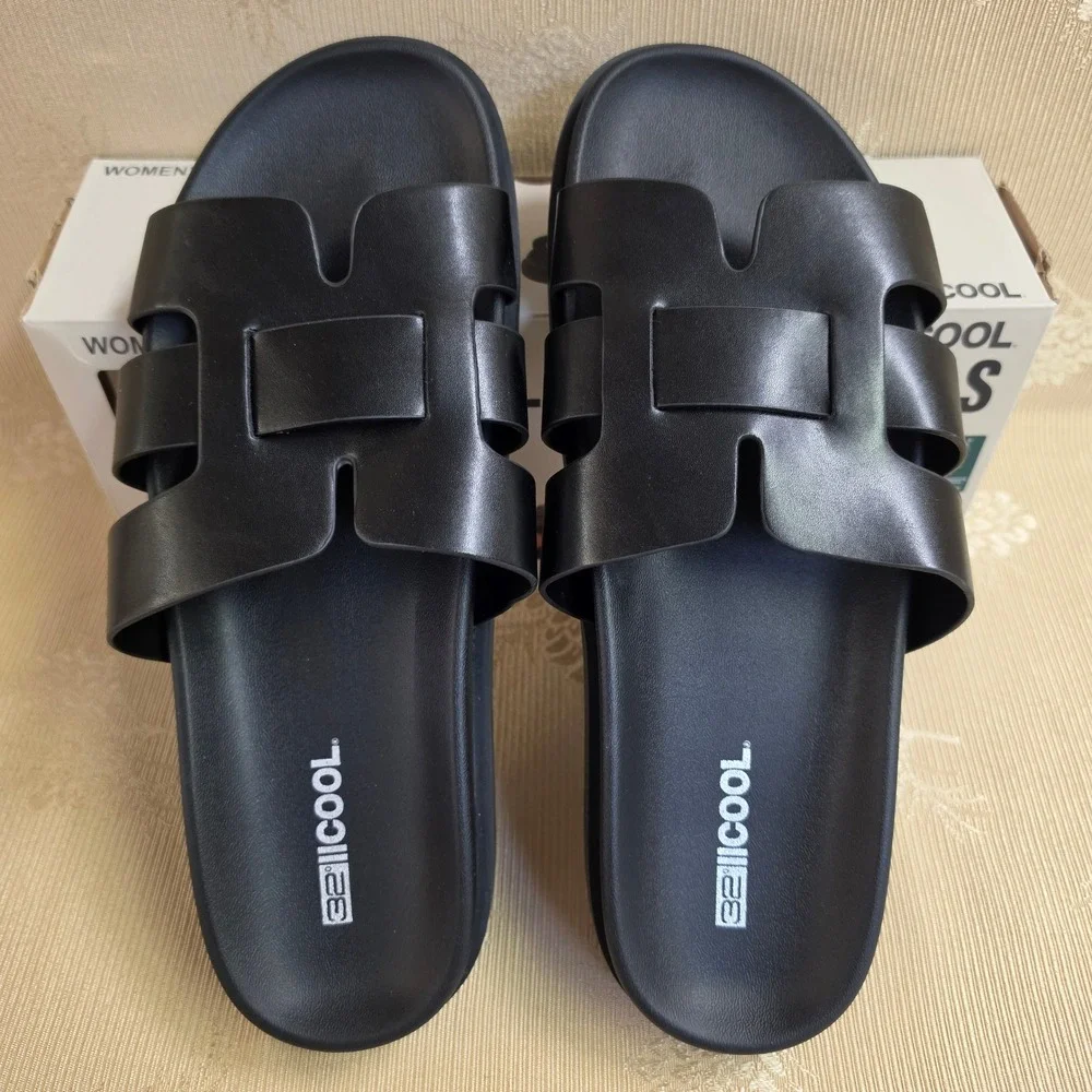 32 Degrees Cool Women H-Band Sandals Black Soft Cushioned Footbed Slides Size 10